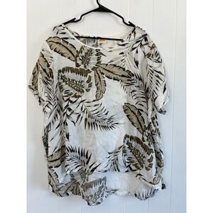 C&C California Women 1X Linen Tropical Palm Leaf Print Short Sleeve Blouse Top